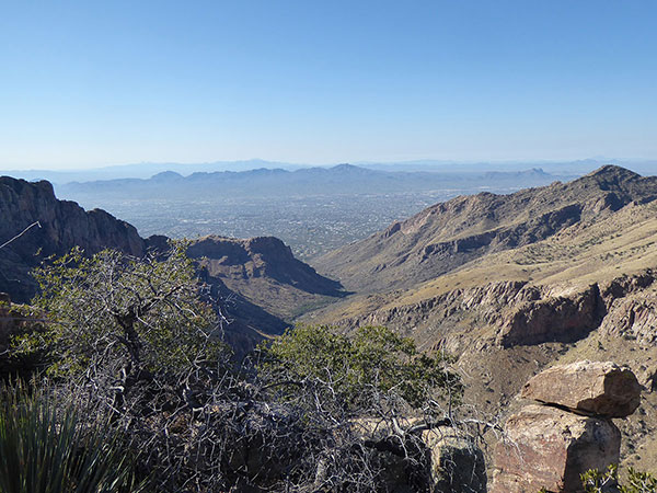Looking southwest down Pima Canyon towards Tucson from Valentine Peak