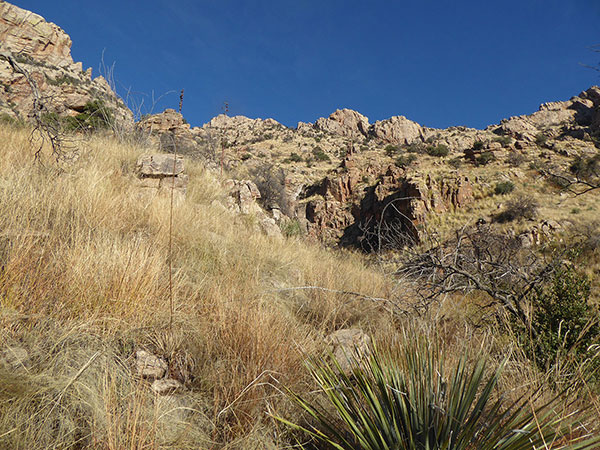 We climb towards the notch above in the center skyline; Table Tooth is visible to the left.